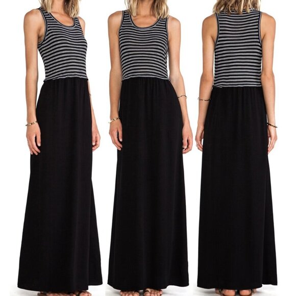 SPLENDID ANTHROPOLOGIE Tiered Maxi Dress Black White Striped Mixed Media Summer - Picture 1 of 14
